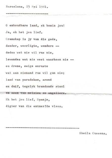 Kaapse Paragrawe Sheila Cussons. Eerste brief uit Barcelona