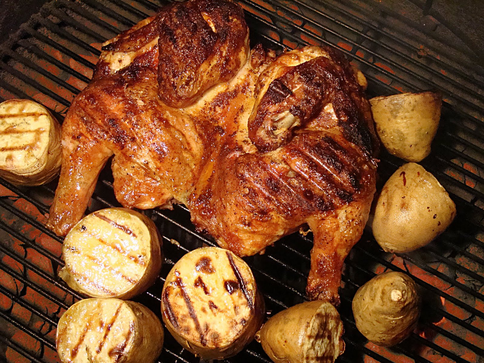 BBQDad1 Grilled Flat Chicken & Sweet Potatoes