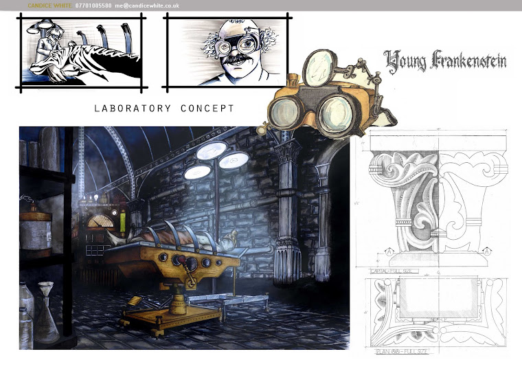 Storyboard, prop design, technical detail and concept visual for YOUNG FRANKENSTEIN