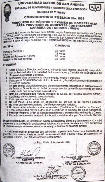 UMSA CONVOCATORIA A CONCURSO DE MERITOS CARRERA DE TURISMO | NOTICIAS DE  UNIVERSIDADES DE BOLIVIA