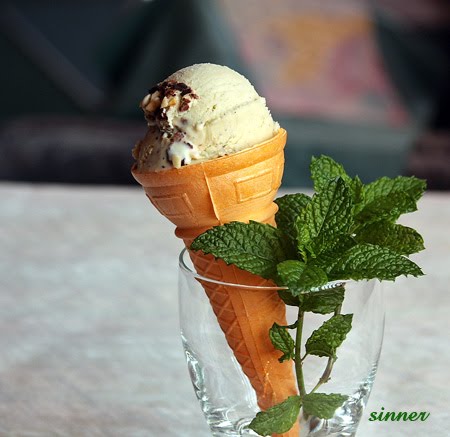 Mint vodka ice cream on a cone