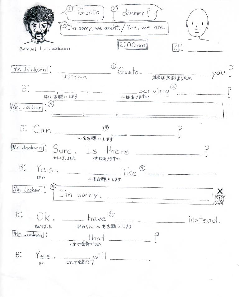(O.C. - 1) "Restaurant" worksheet (side B - student's answers)