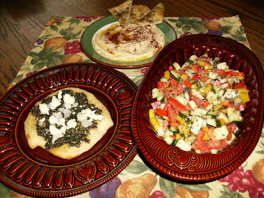 Israeli salad, Za`Atar Pizza and Hummus,  Yummy!