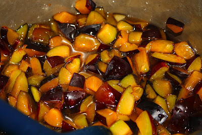 damson plums in the pot, starting to warm up