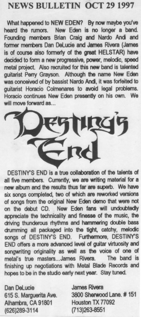 denews Destiny's End - Pre-Production Demos 1997 / Memoirs of an Inconsequential Metaller | Cirith Ungol Online