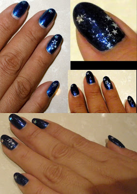 Beautiful Nails with Stars in Dark Blue Sky.