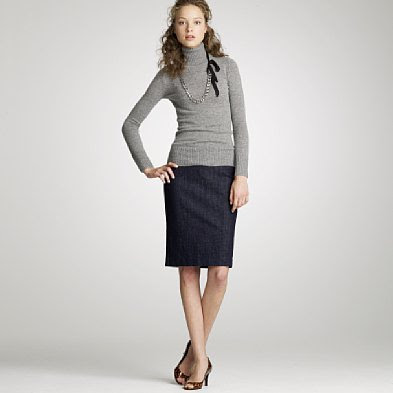 A grey sweater and black pencil skirt.
