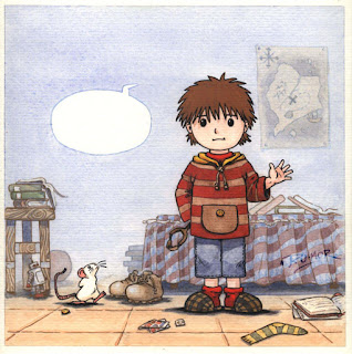 Ilustración infantil de la ratona Olivia y su dueño, hecha por ªRU-MOR