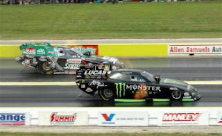 John Force and Kenny Bernstein racing side by side at NHRA