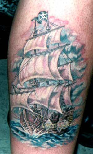 Pirate ship tattoo with skull and crossbones.