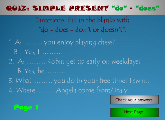 ingilizce dersler ve testler: Quiz: Simple Present Tense