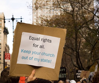 sign that says: Equal Rights for All. Keep your church out of my state.