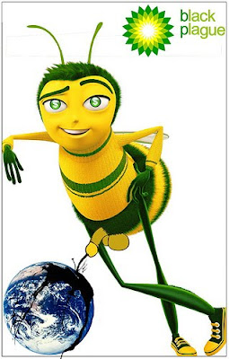 bee with green dollar sign eyes urinating petroleum on the Earth with corporate name morphed to black plague