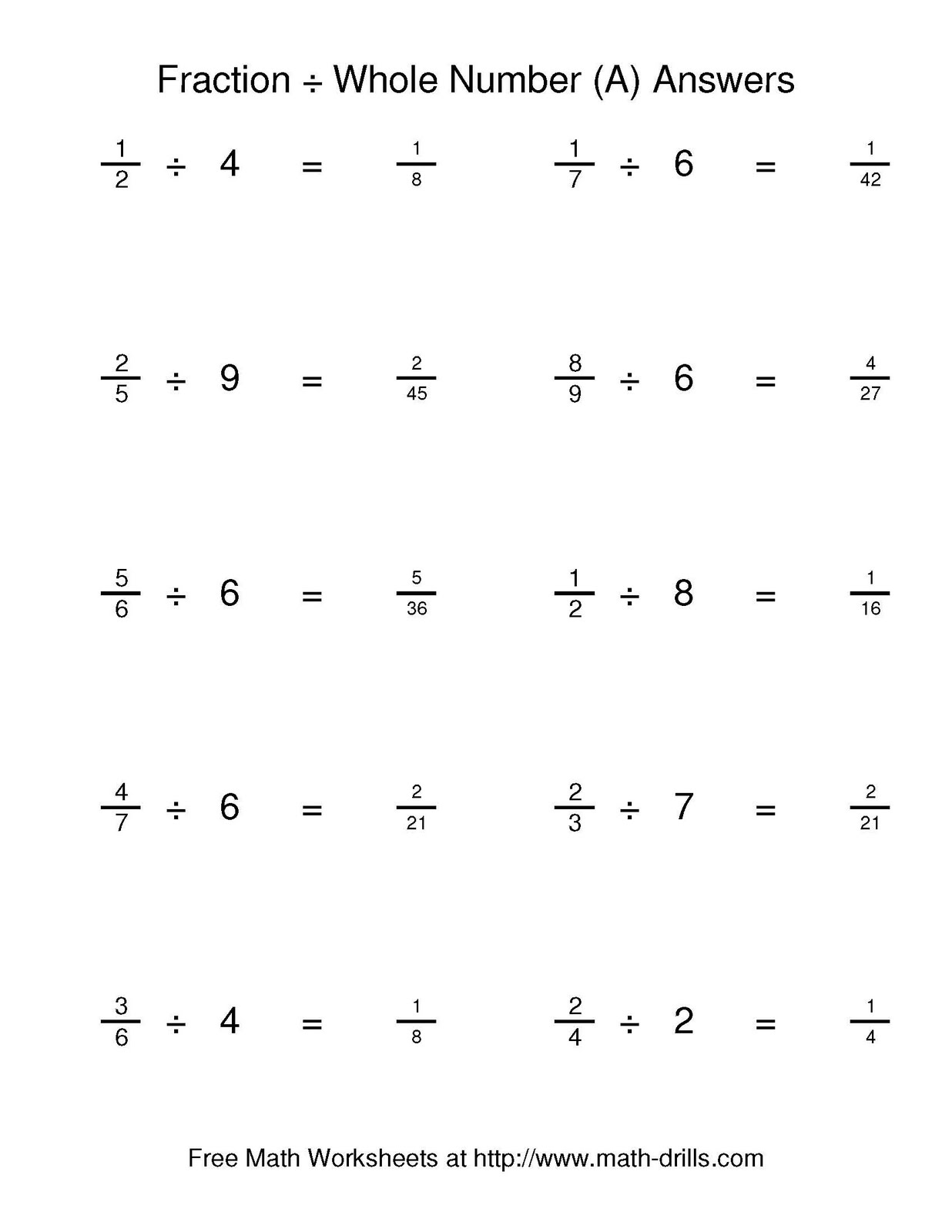 5th Grade Dividing Fractions By Whole Numbers Worksheets