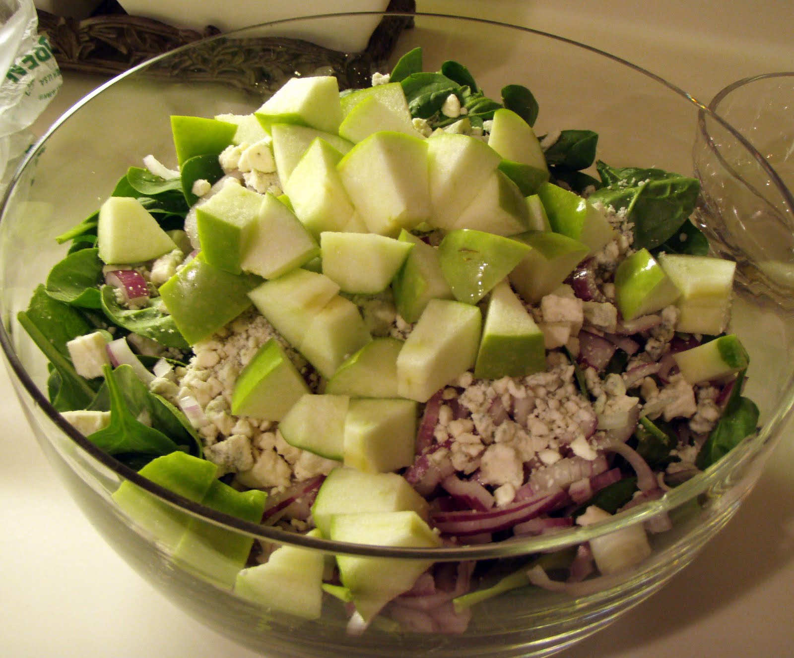Pineapple Grass Spinach Salad with Blue Cheese, Red Onion, and Green Apple