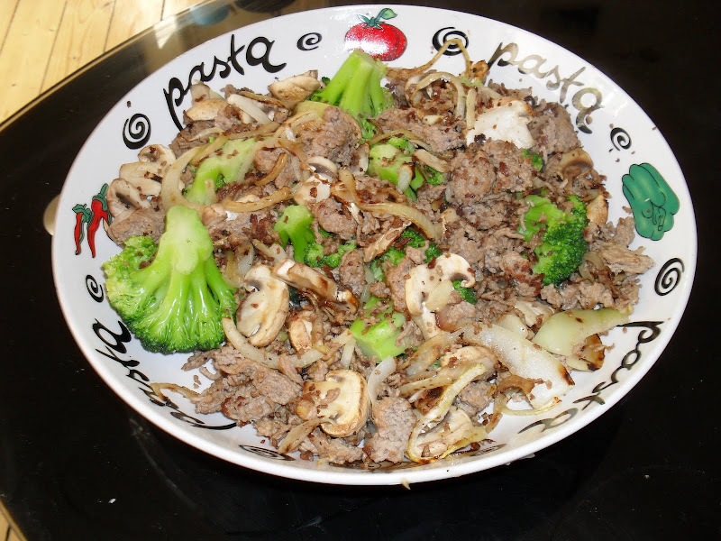 Bowl of ground lamb, mushrooms & onions, veggies