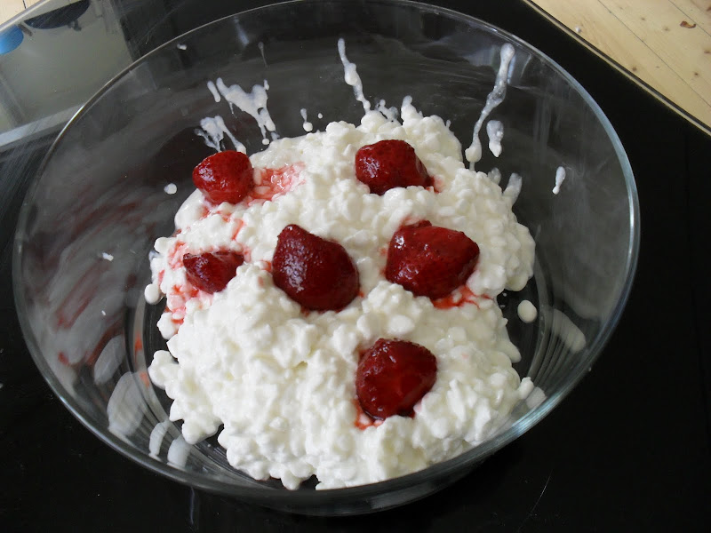 Bowl of cottage cheese and strawberries