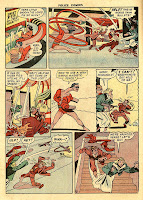 Cartoon character Plastic Man stretches his arms and chases crooks down stairs in a classic collector's comic book page from the golden age of comic books.