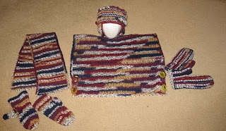 crocheted hat, scarf, mittens, and vest sets