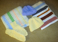 crocheted hats, mittens and blankets