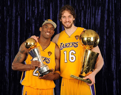 2010 NBA Champion LA Lakers - Kobe Bryant and Pau Gasol Celebrating Their Second Straight NBA Championship