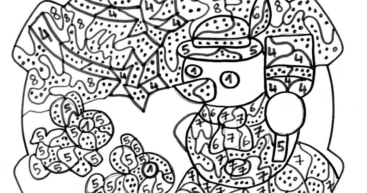 Maternelle Coloriage magique, bonhomme de neige aux lapins