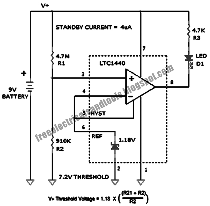 Free Schematic Diagram: 9V Battery Voltage Monitor Circuit