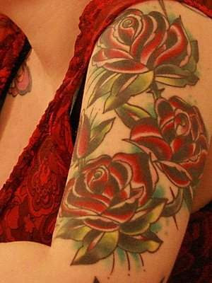 Tattooed Woman in red, Red Roses.