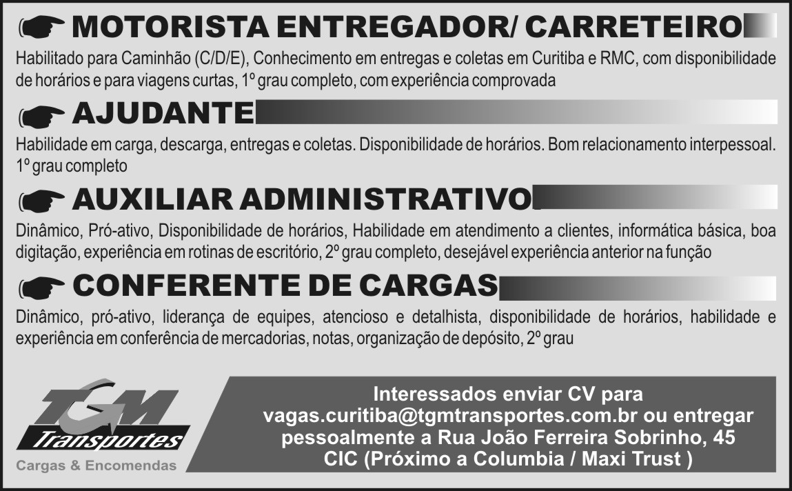 Vagas de Emprego TGM Transportes Vagas para Filial Curitiba 21/11/10