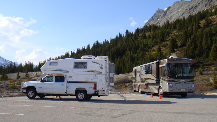 Both of Our RVs Parked at the Athabasca Glacier Parking Lot