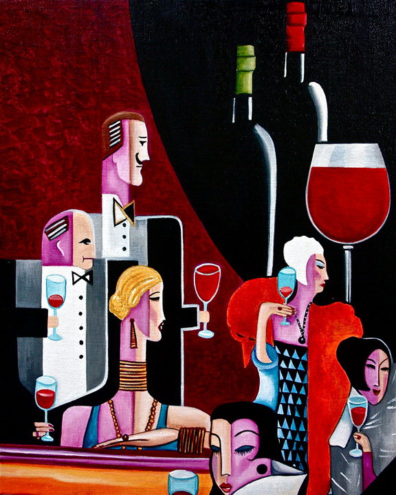Connoisseur's Wine Tasting, Wine Painting, Art Deco Painting, by k