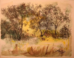 watercolor ink pen painting meadow trees