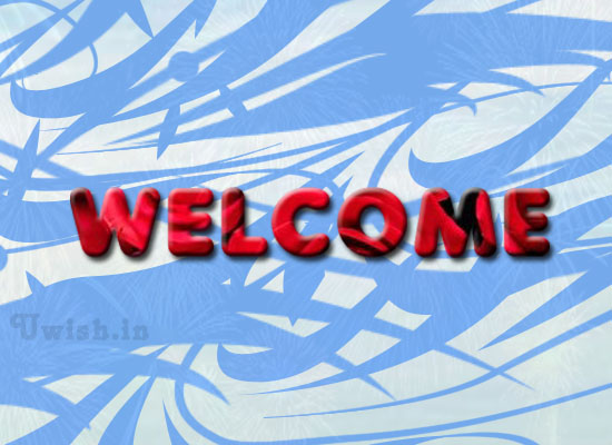 Welcome e greeting cards and wishes with Red war texts and blue background.