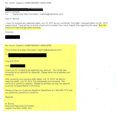 Email from Capital One Executive Response Committee stated, "We continue to uphold our position"
