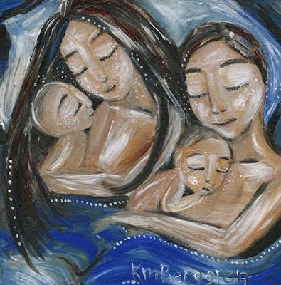 One To One, motherhood painting by Katie m. Berggren, featuring family bed, co-sleeping