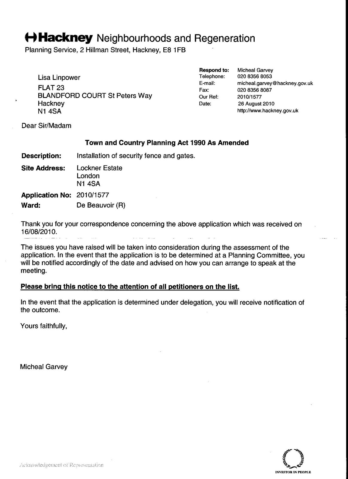 Lockner, Hackney Homes and the Gates... Letter from Michael Garvey