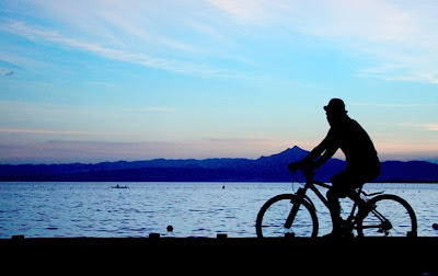 Image of bicyclist riding along shore at sunset