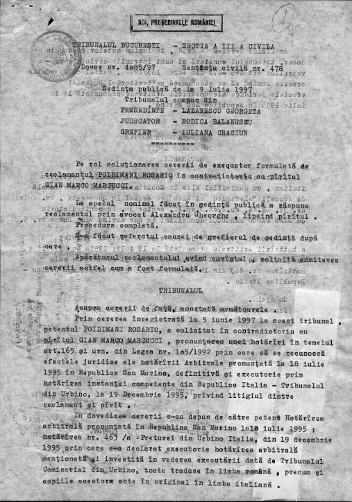 SENTENZA EMESSA DAL TRIBUNALE  DI BUCAREST, ROMANIA,