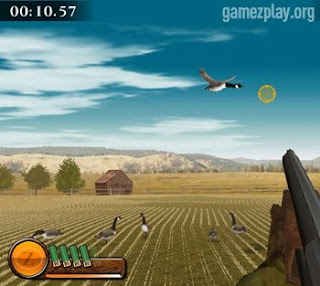 man shooting at duck with shotgun - duck flying over field