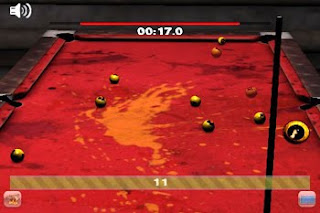 red pool table with splash of fluid on top and yellow balls