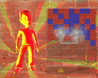 bright orange man standing beside puzzle board