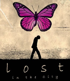 lost in city cover with man and purple butterfly