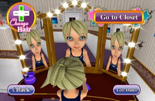 cartoon girl changing hair colour in front of mirror in game