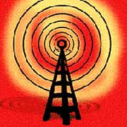 Radio tower on a red background, looking  menacing