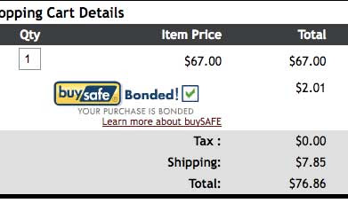 Screen snapshot of the Apatrim shopping cart, showing the BuySafe Bonded logo and a box with a green check mark, accompanying a charge of $2.01