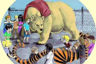 Illustration of Winnie the Pooh as a giant actual bear facing off with Hobbes, an actual tiger, as Christopher Robin, Calvin and a schoolyard full of children look on