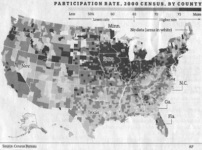 Map of US counties 2000 census participation, showing high participation in the upper Midwest, low in the southeast