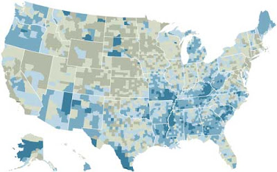 Food stamp map, showing low particiapation in the upper Midwest and high in the southeast, among other areas