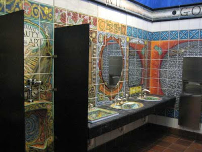 Multicolored tile behind sinks