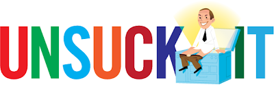 Unsuckit logo, featuring a cartoon guy photocopying his butt